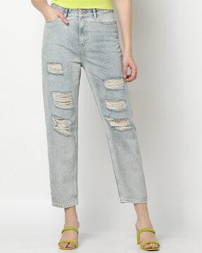heavily washed distressed loose fit jeans