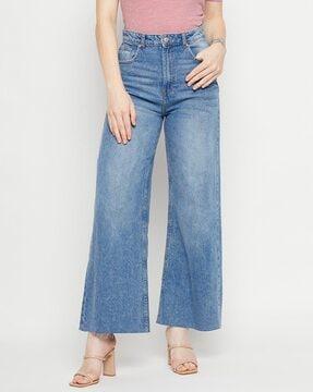 heavily washed high-rise wide leg jeans