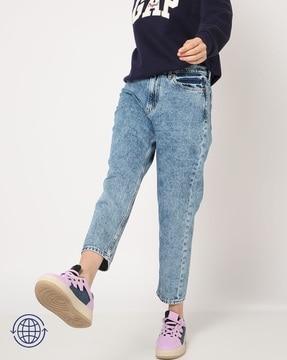 heavily washed mom fit jeans