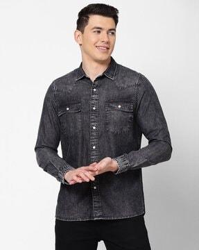 heavily washed slim fit shirt with flap pockets