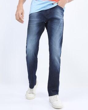 heavily washed straight fit jeans