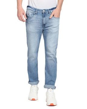 heavily washed straight fit jeans