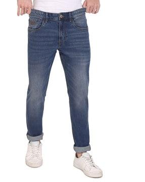 heavily washed straight fit jeans