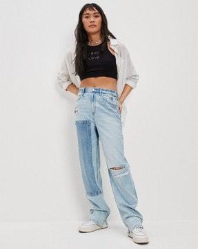 heavily washed straight fit jeans