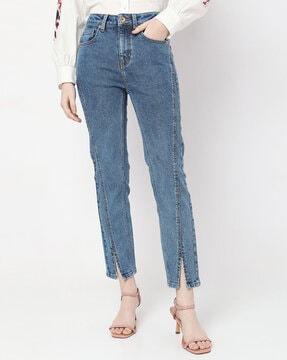 heavily washed straight fit jeans