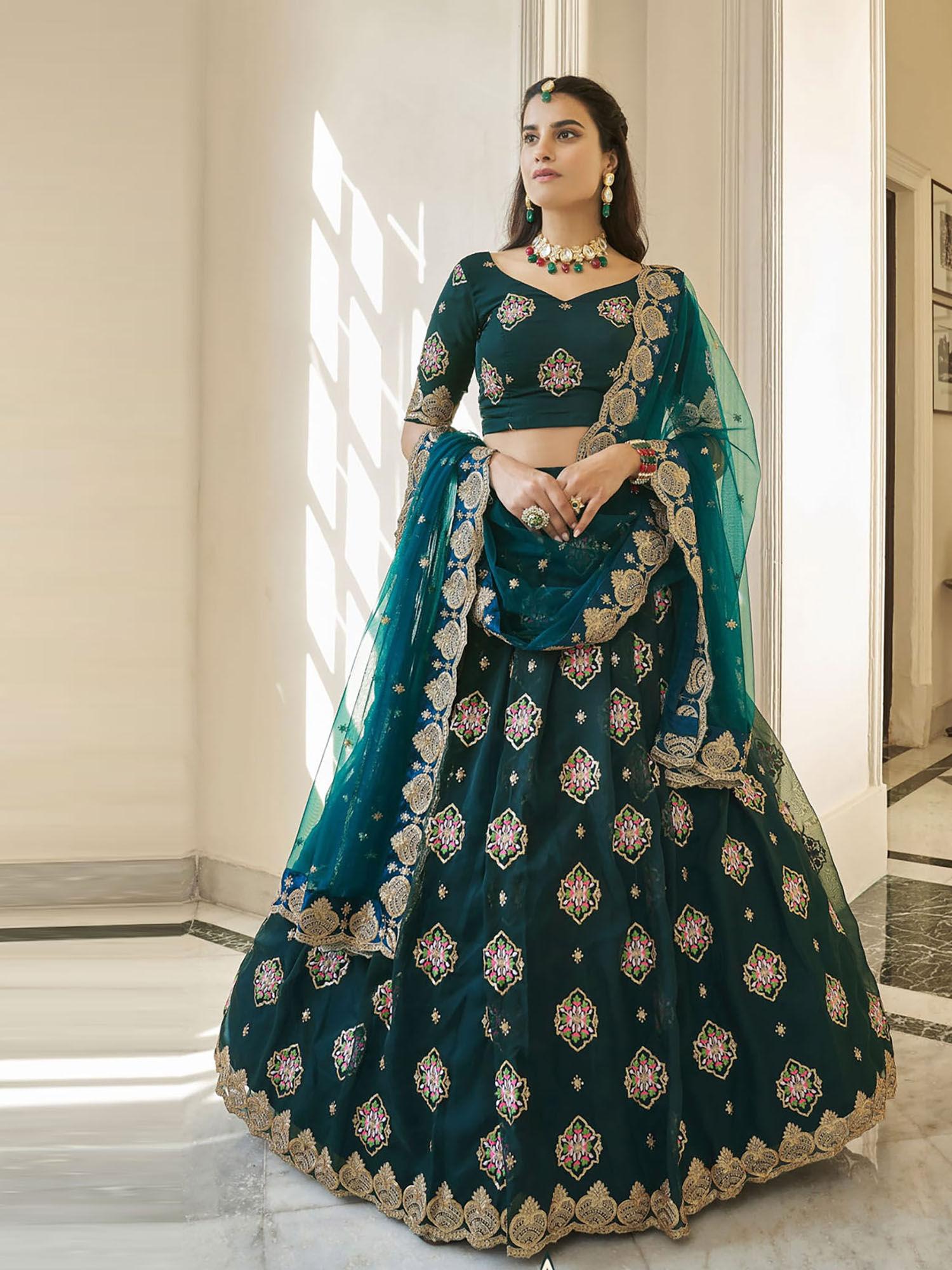 heavy designer teal blue organza semi stitched lehenga with unstitched blouse (set of 3)