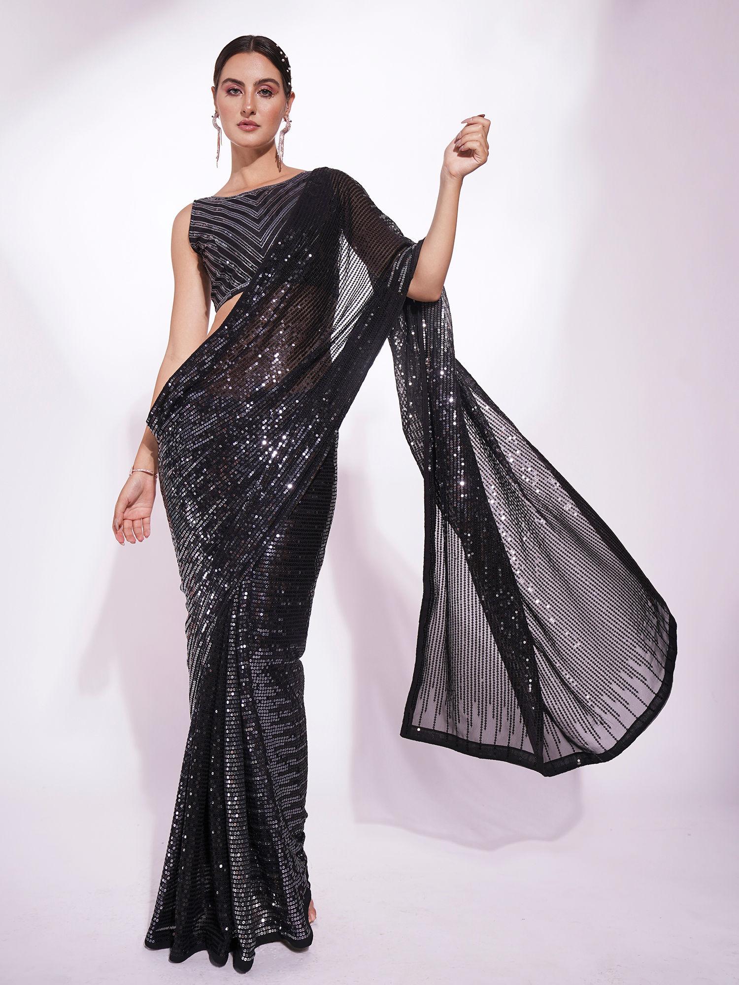 heavy embellished shimmer black with silver sequined party wear saree with unstitched blouse