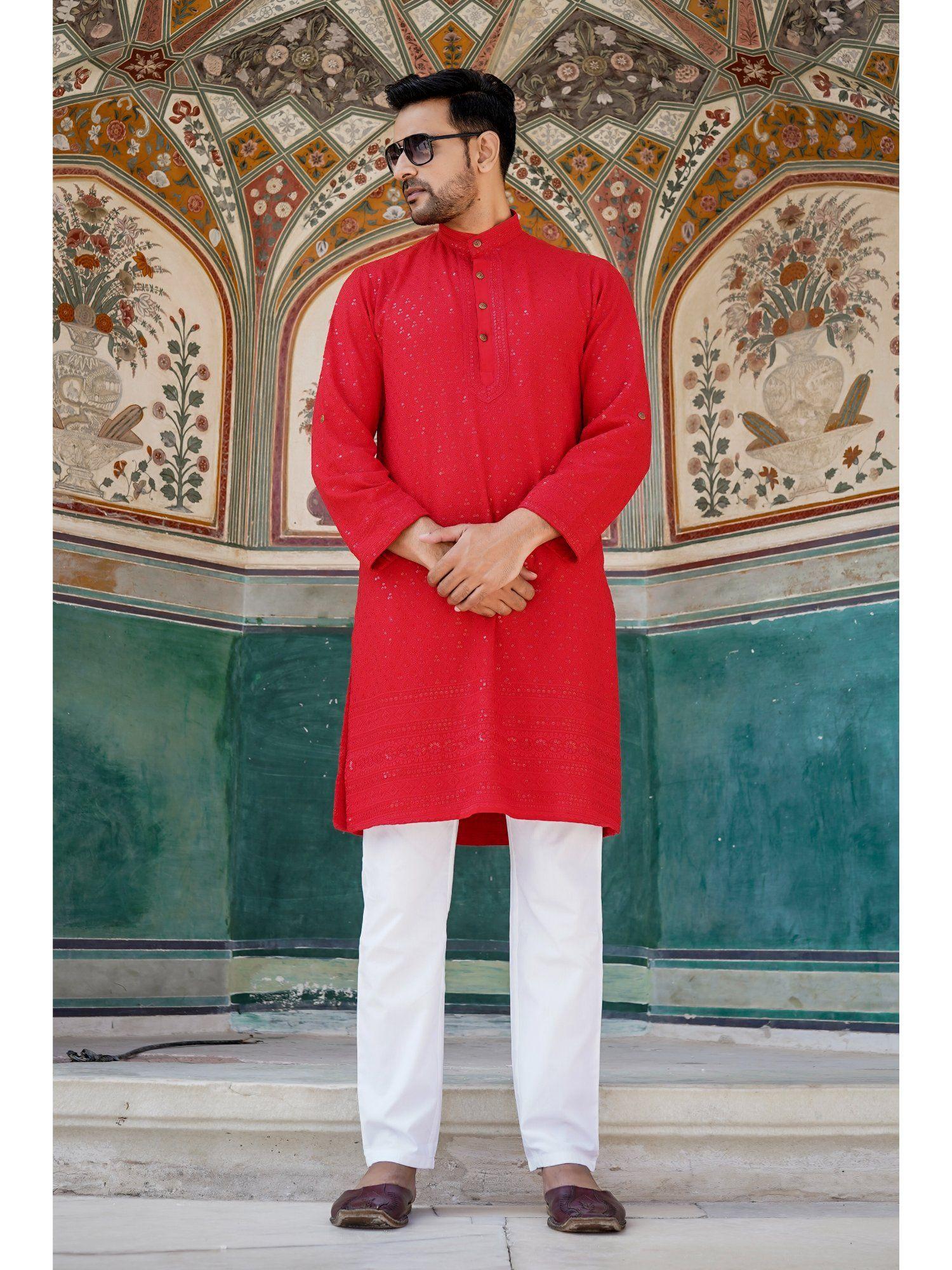 heavy embroidery sequins kurta - red