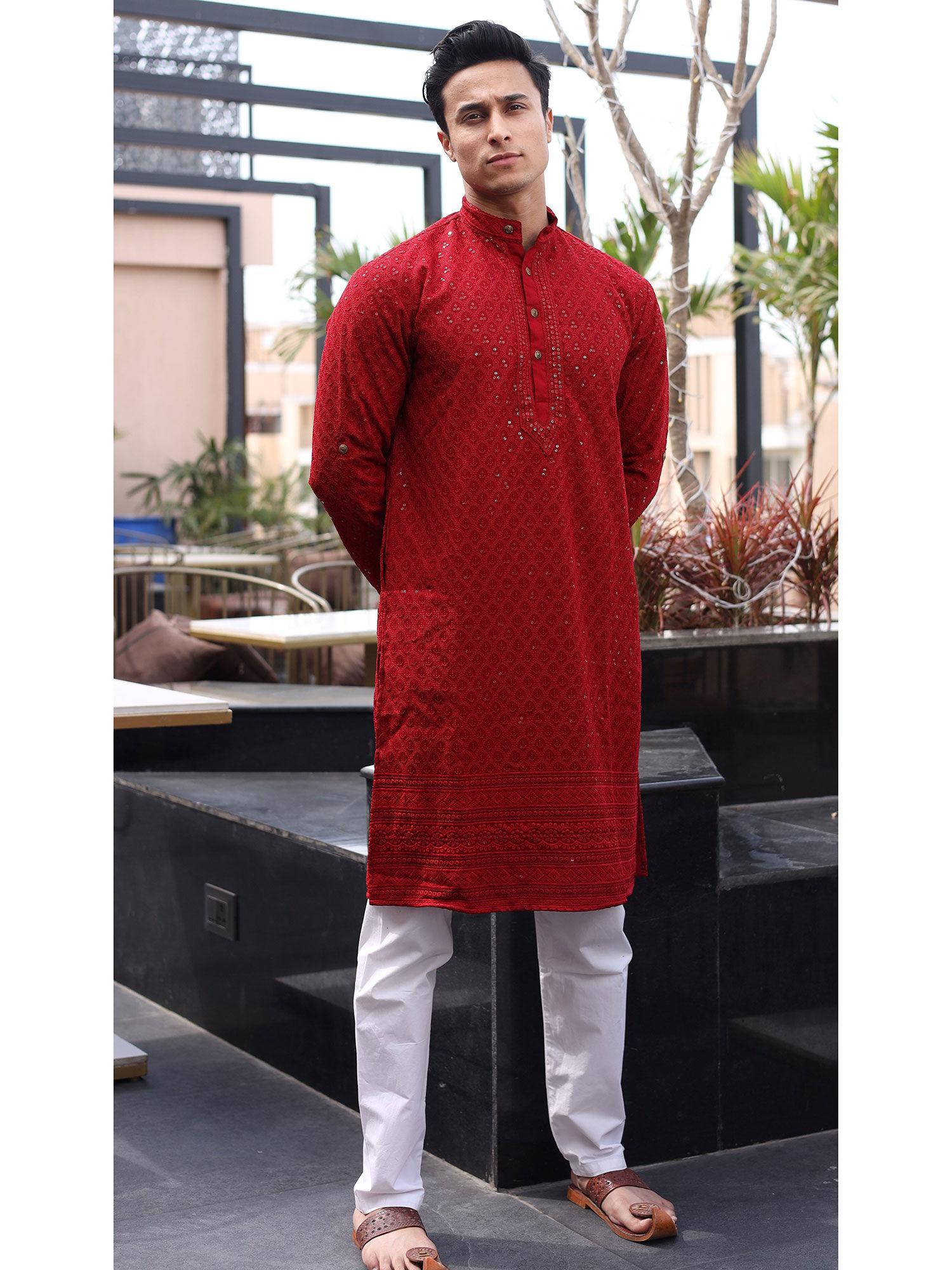 heavy embroidery sequins maroon kurta