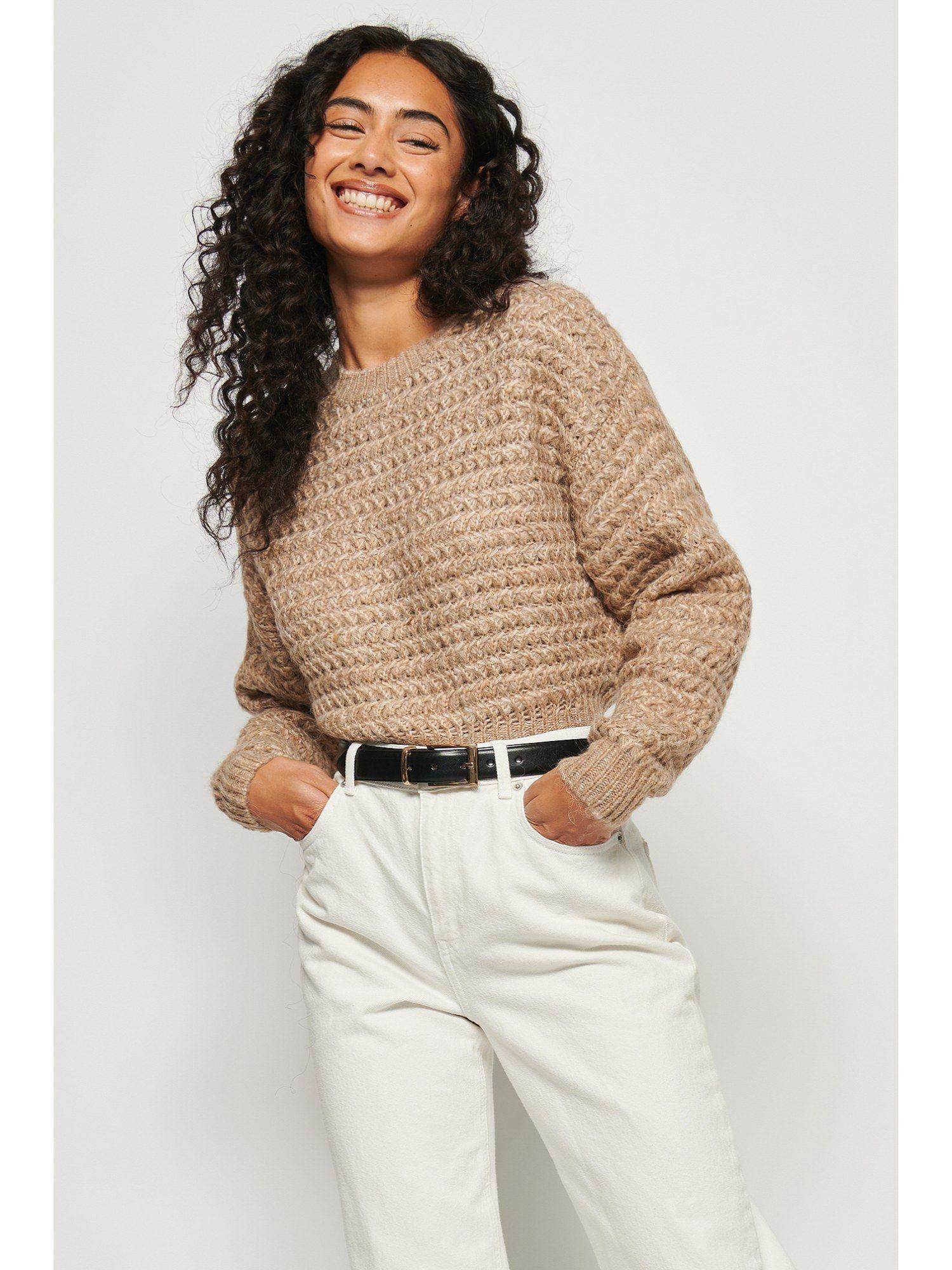 heavy knitted round neck sweater beige melange