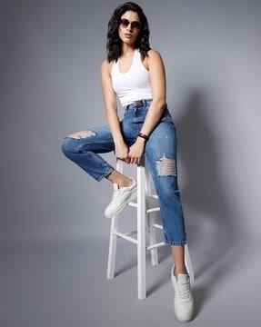 heavy-wash mom fit distressed jeans