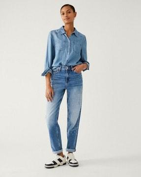 heavy-wash distressed boyfriend fit jeans