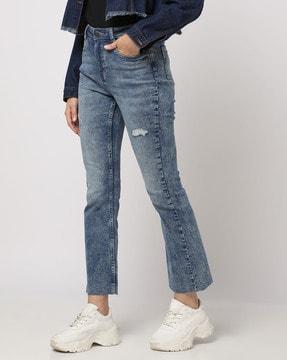 heavy-wash high-rise bootcut jeans