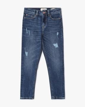 heavy-wash high-rise skinny fit distressed jeans