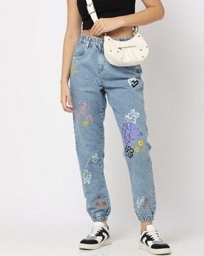 heavy-wash printed denim joggers