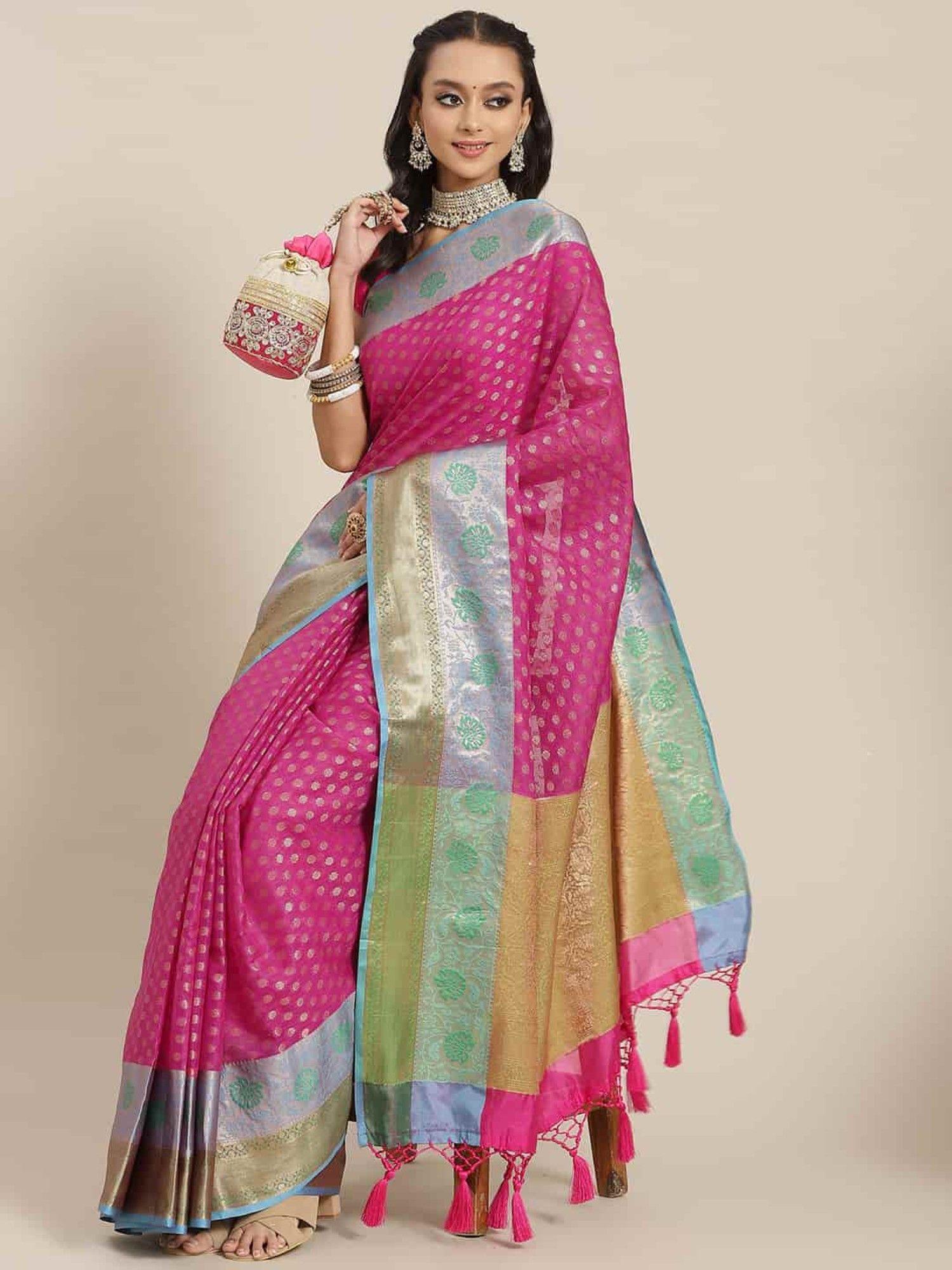 heavy zari kanjeewaram silk saree with unsticthed blouse piece pink with unstitched