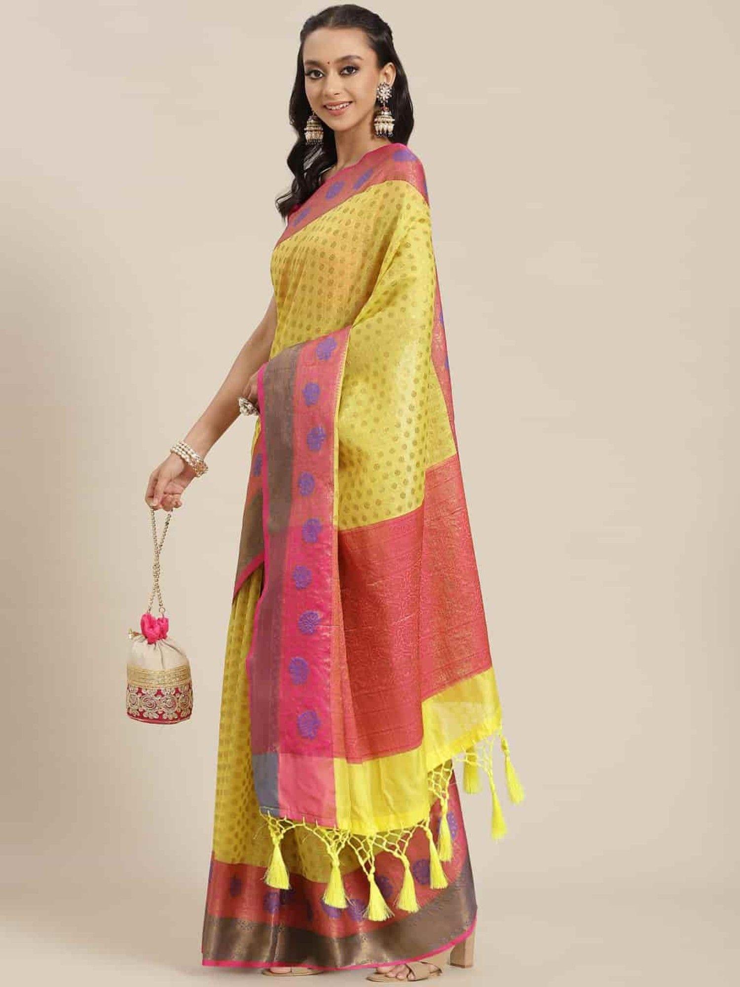 heavy zari kanjeewaram silk saree with unsticthed blouse piece yellow with unstitched