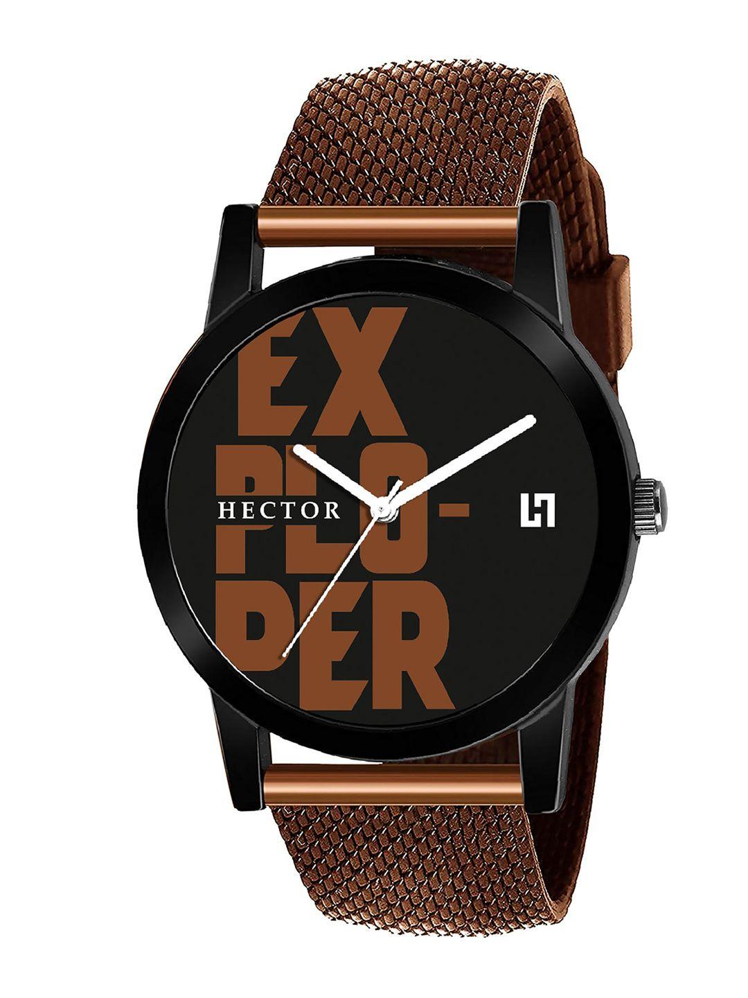 hector men black printed dial & brown bracelet style straps analogue watch hc24