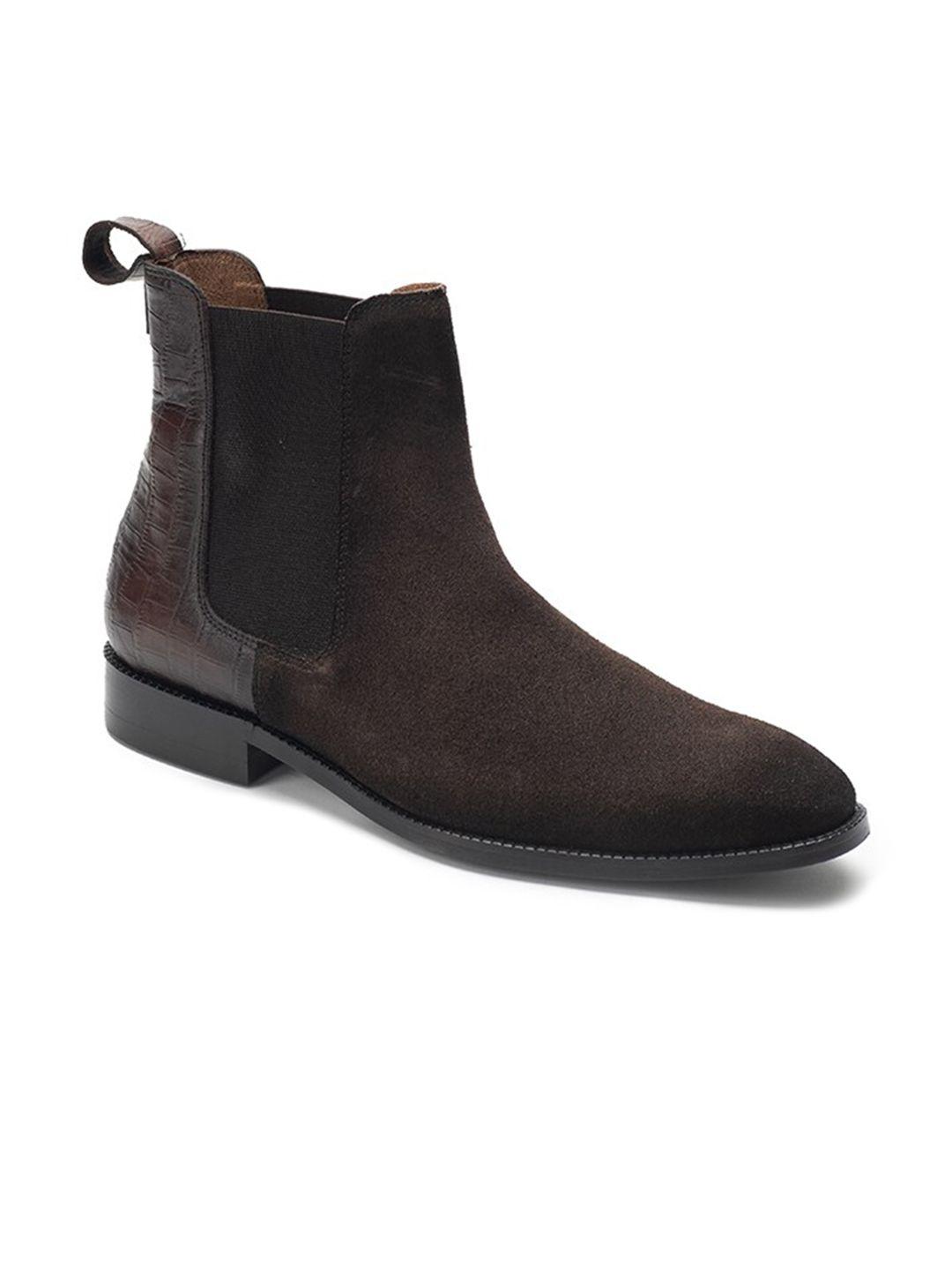 heel & buckle london men brown solid croc embossed chelsea boots