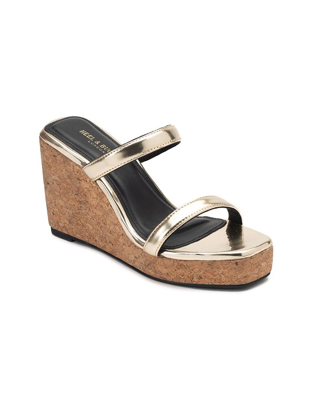 heel & buckle london gold-toned & brown colourblocked wedge sandals