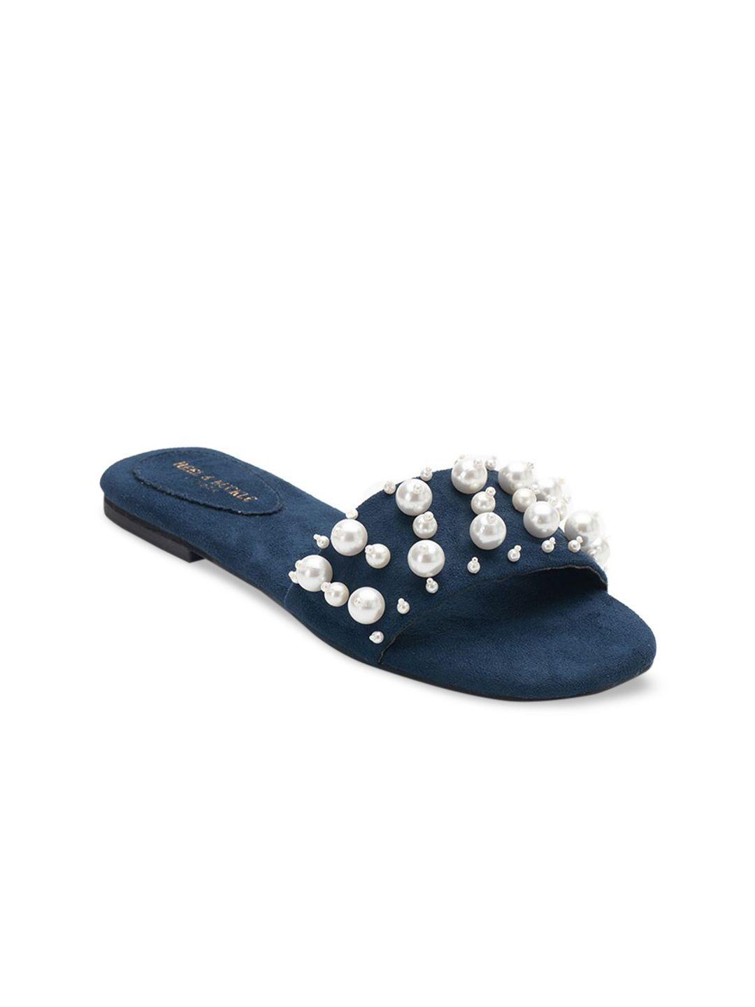heel & buckle london women blue pearl studded open toe flats