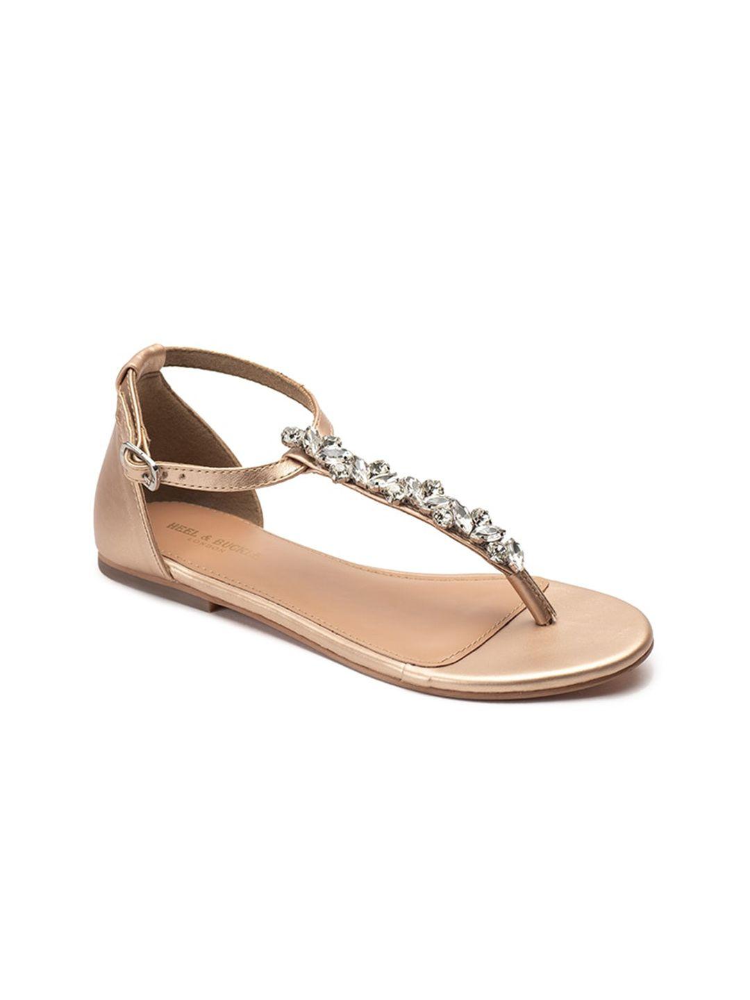 heel & buckle london women gold-toned embellished t-strap flats