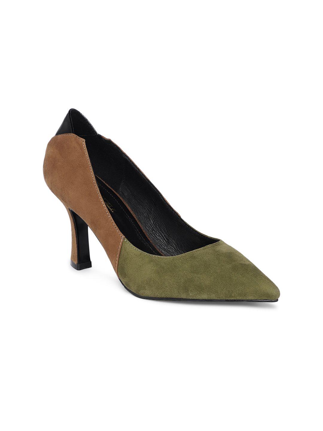 heel & buckle london women olive green & brown colourblocked suede pumps