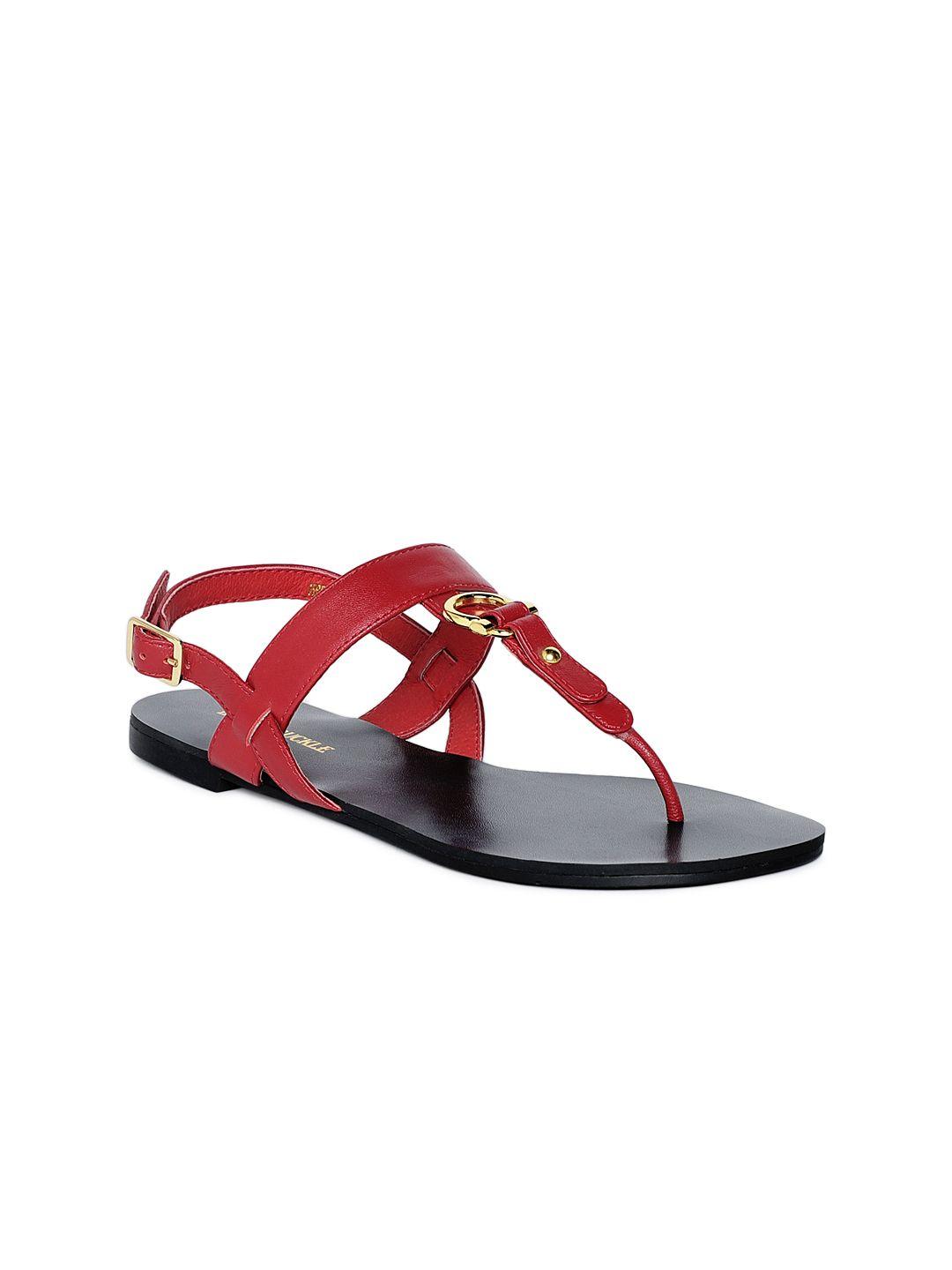 heel & buckle london women red solid leather t-strap flats