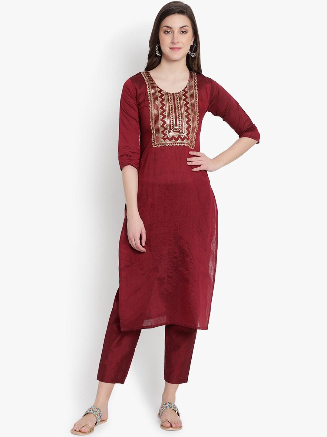 heemara women maroon & golden embroidered sequinned kurti with trousers & with dupatta