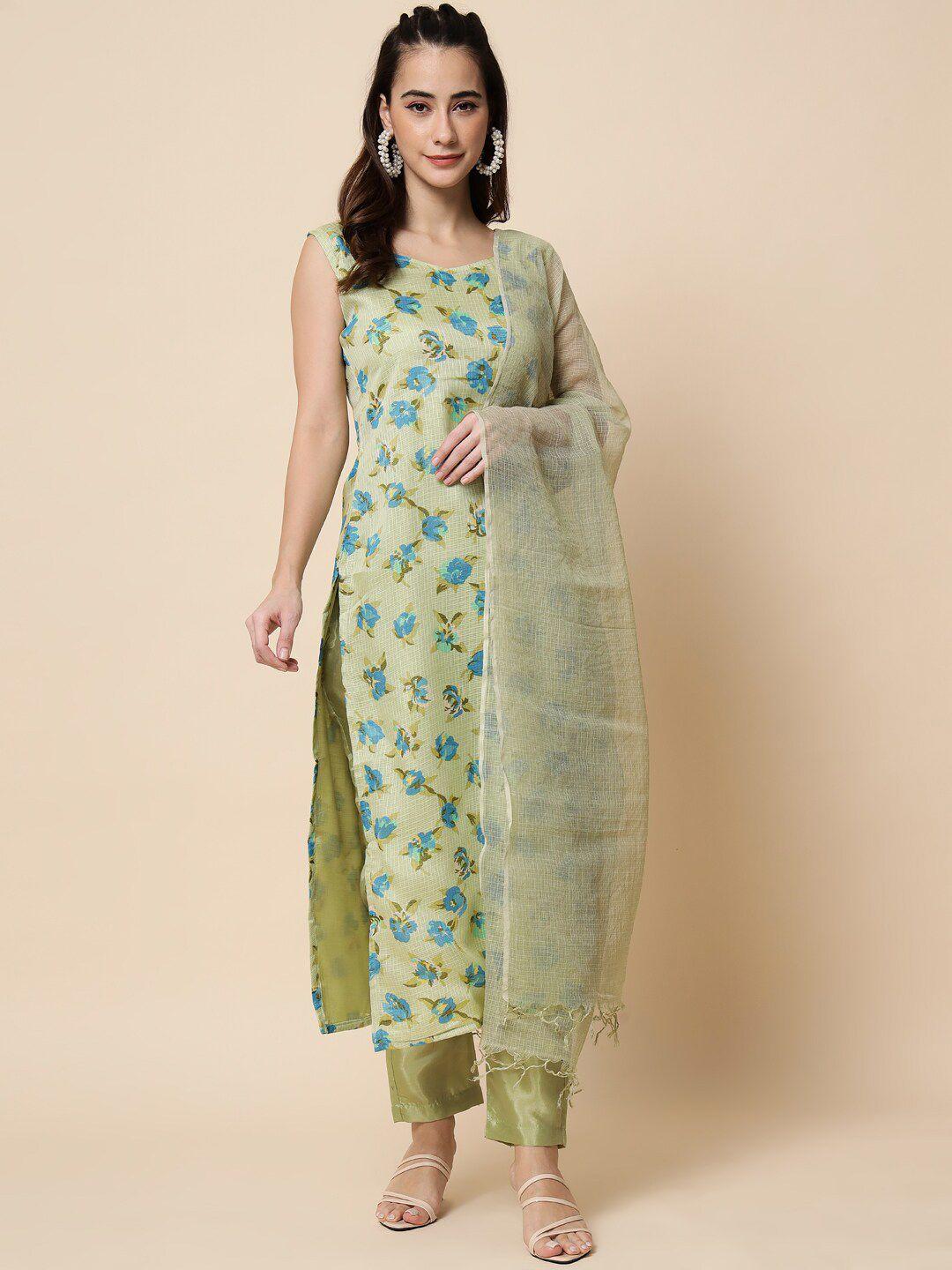heemara women sea green floral printed cotton kurta with trousers & with dupatta