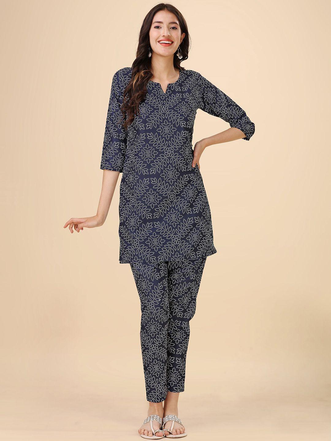 heemara bandhani printed notched neck kurti with trousers