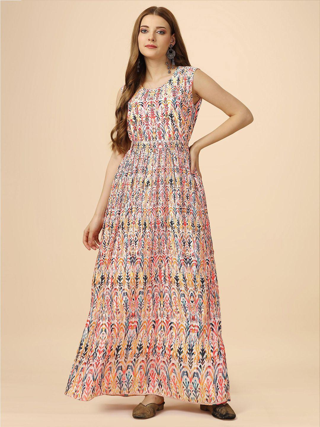 heemara floral printed sequined accordion pleated chiffon fit & flare ethnic dress