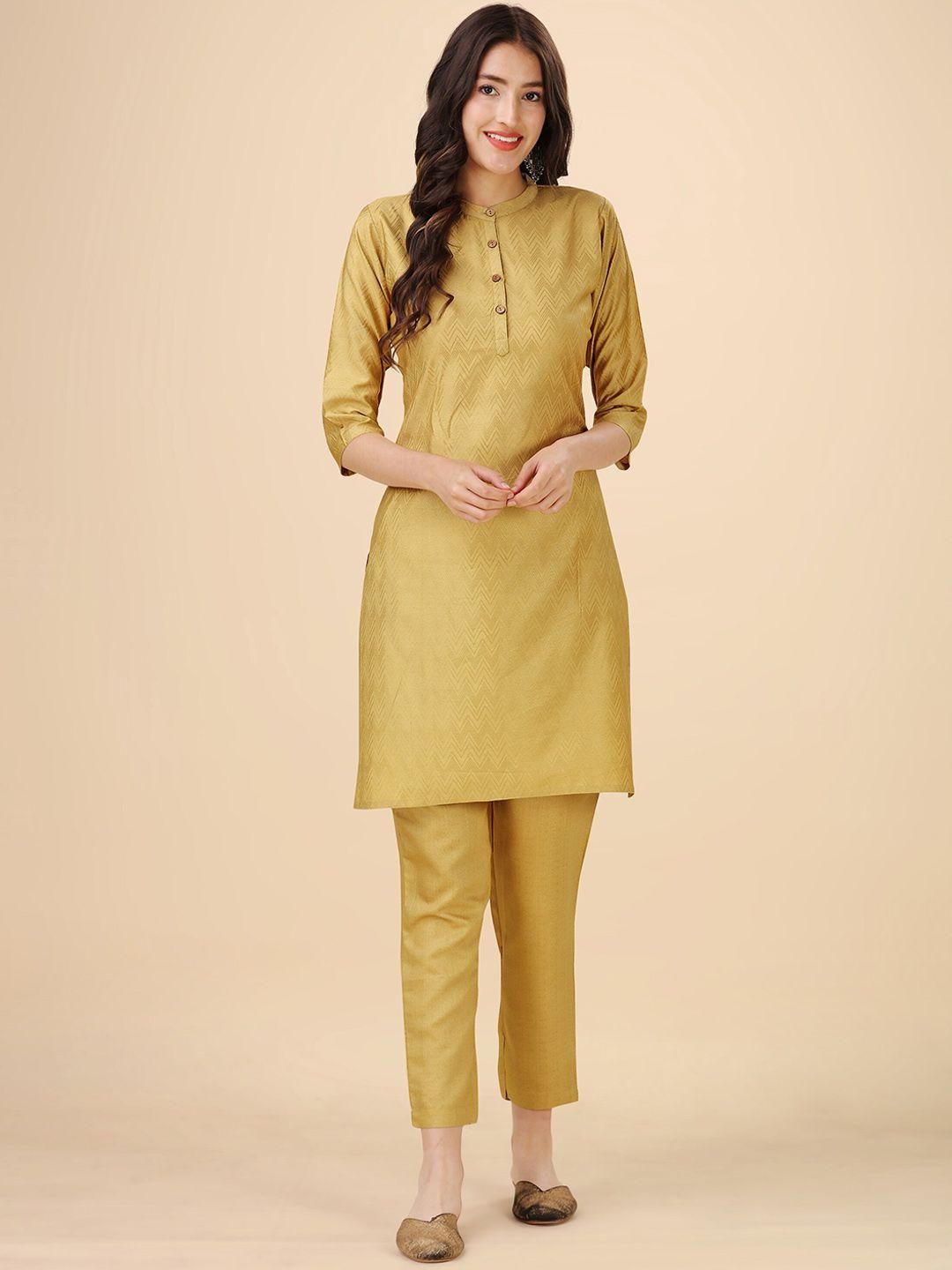 heemara mandarin collar woven design chanderi silk kurta with trousers