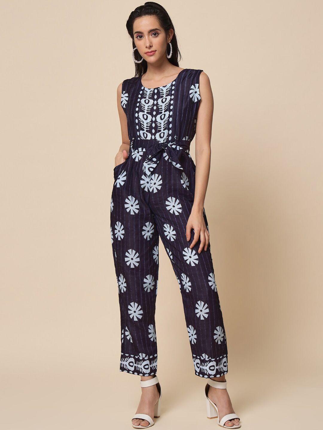 heemara navy blue & white cotton printed basic jumpsuit