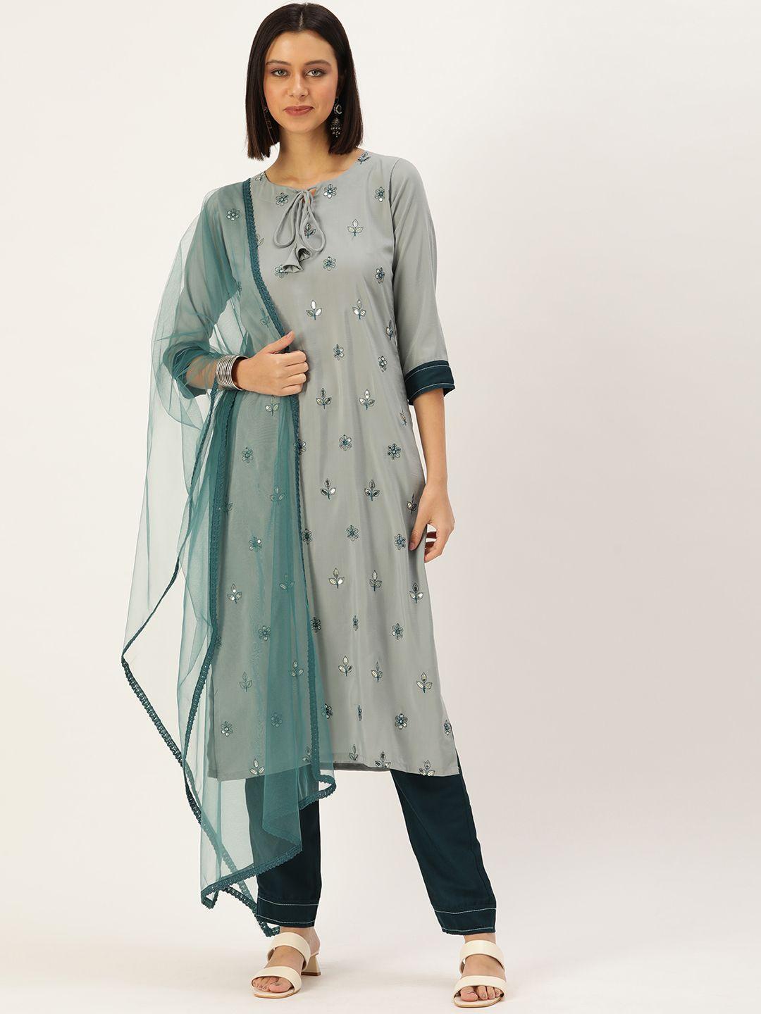 heemara women grey ethnic motifs embroidered sequinned kurta with trousers & with dupatta