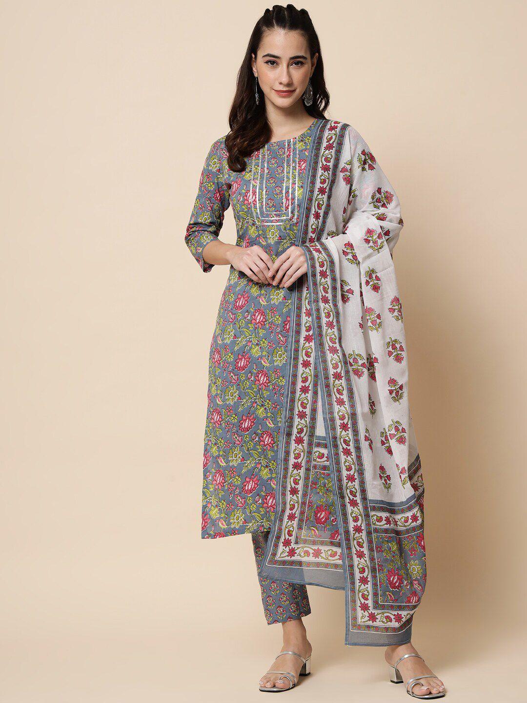 heemara women grey floral printed pure cotton kurta with trouser & with dupatta set