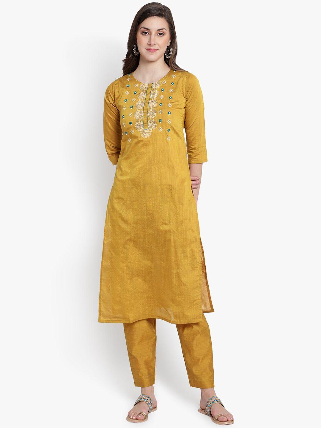 heemara women mustard yellow ethnic motifs embroidered mirror work kurta with trousers