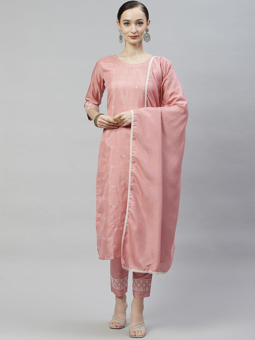 heemara women peach-coloured embroidered kurta with trousers & dupatta