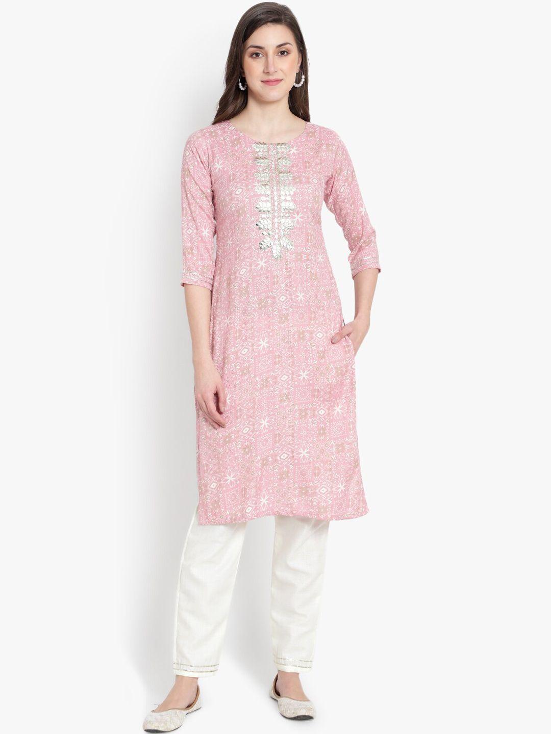 heemara women pink floral embroidered gotta patti kurta with palazzos & with dupatta