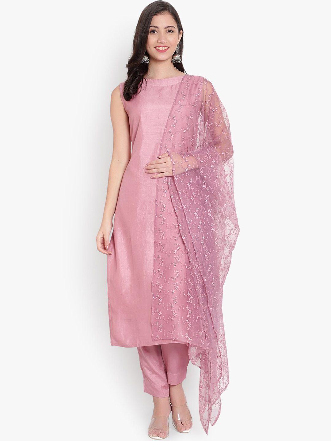 heemara women pink thread work kurta with trousers & with embroidered dupatta