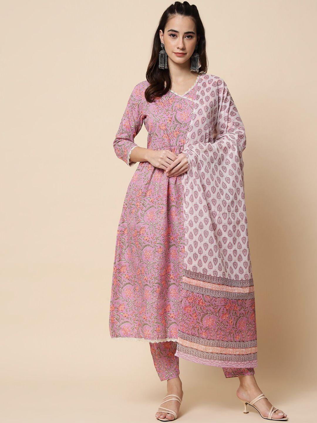 heemara women purple floral printed angrakha pure cotton kurta with trouser & dupatta