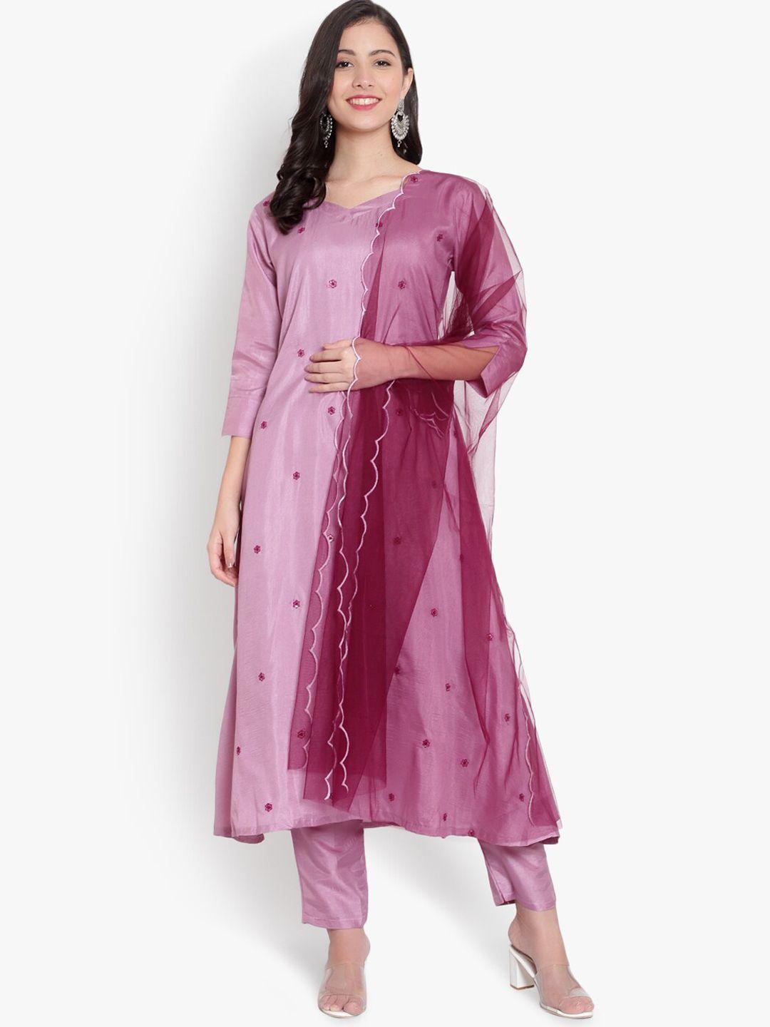 heemara women purple floral printed kurta with trousers & with dupatta