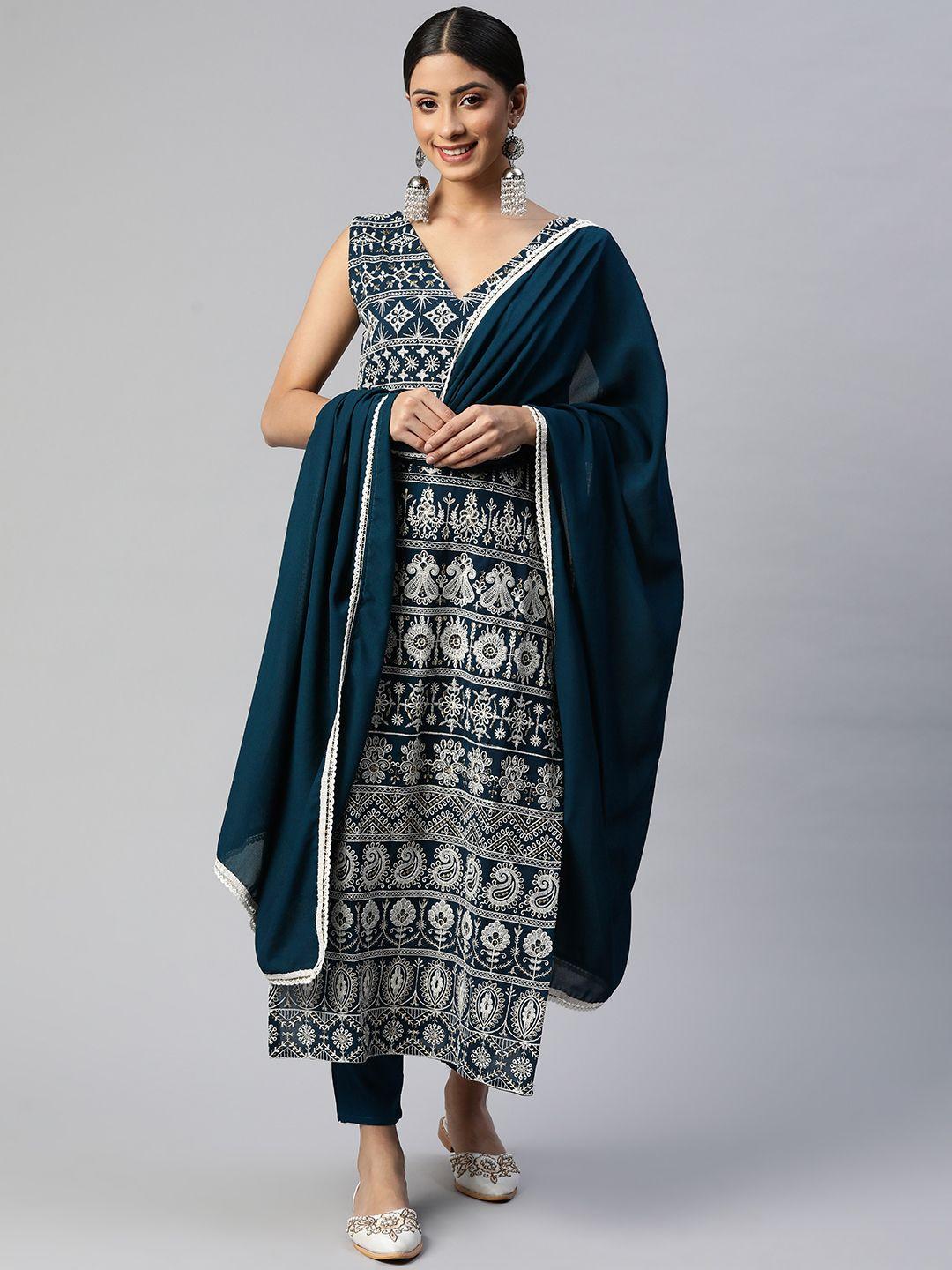 heemara women teal ethnic motifs thread work kurta with trousers & with dupatta