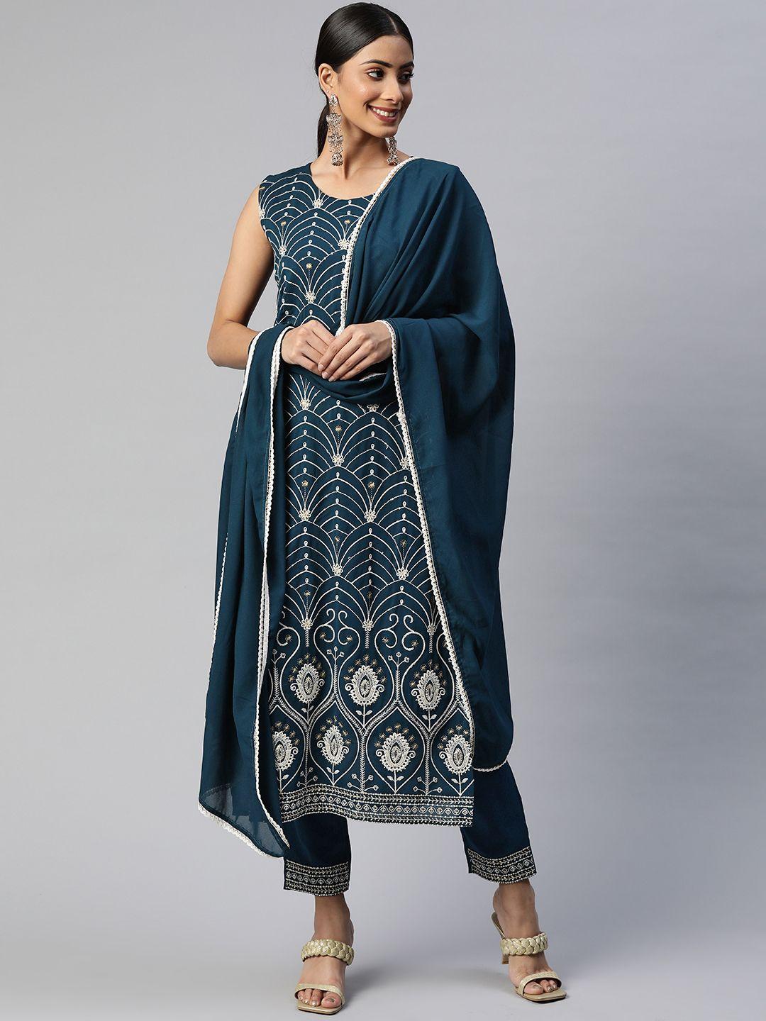 heemara women teal thread work kurta with trousers & with dupatta