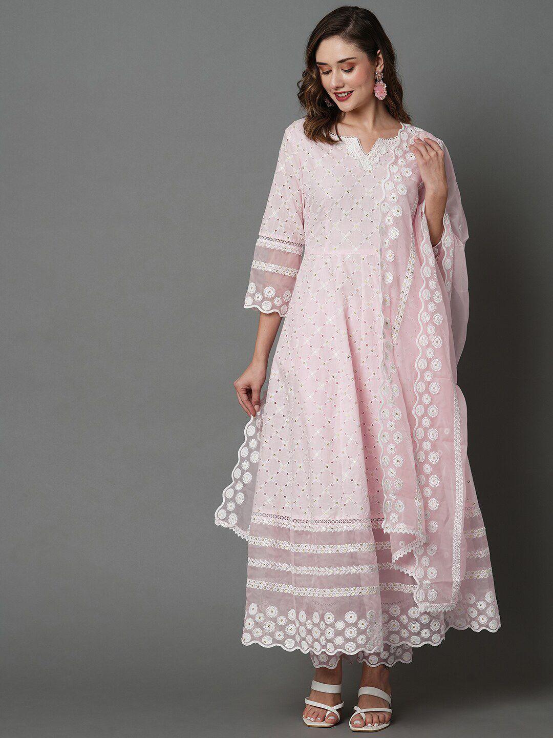 heeposh floral embroidered empire pure cotton kurta with trousers & with dupatta