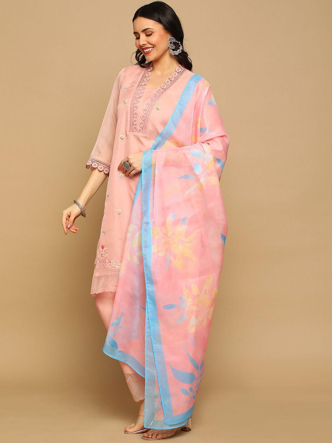 heeposh floral embroidered kurta with trousers & dupatta
