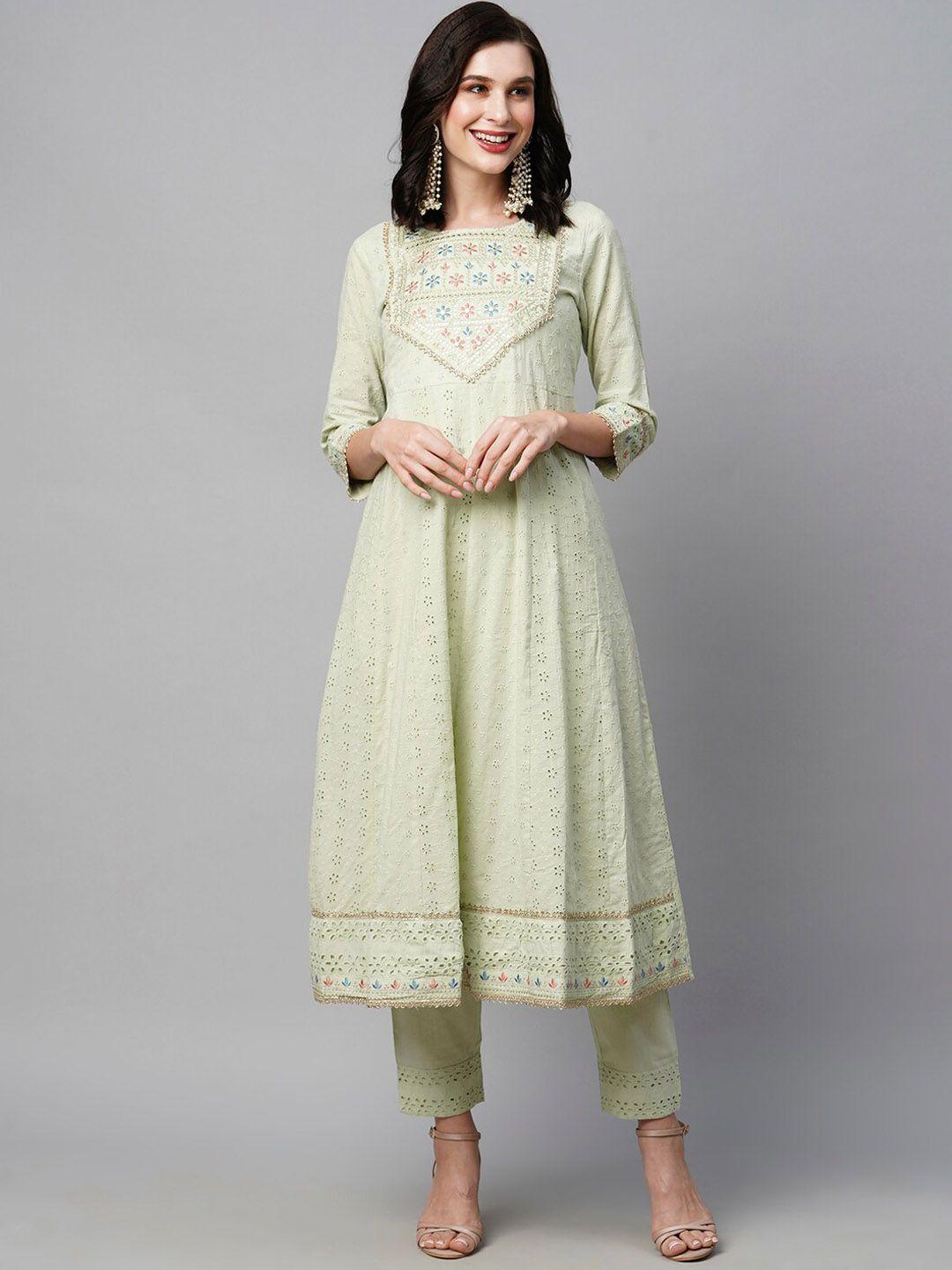 heeposh floral embroidered pure cotton kurta with trousers & dupatta