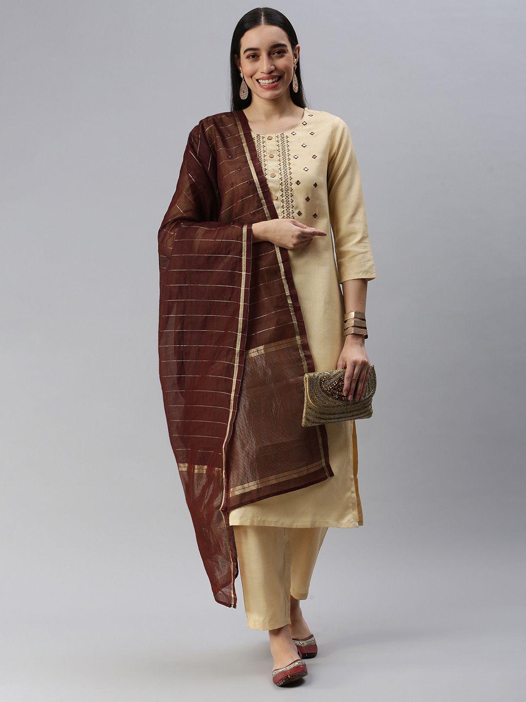 heeposh women beige ethnic motifs yoke design mirror work kurta with trousers & with dupatta