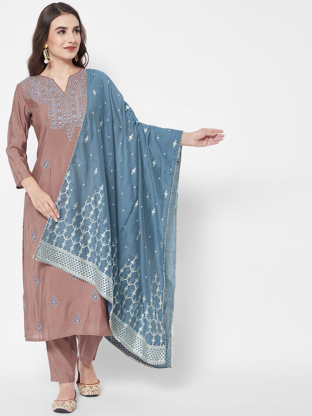 heeposh women brown ethnic motifs embroidered thread work kurta with trousers & with dupatta