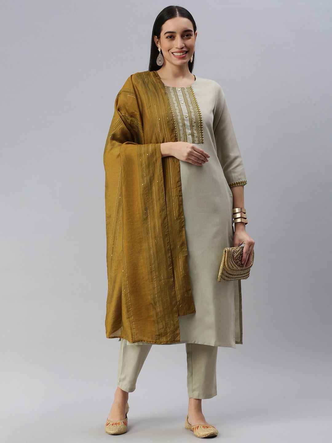 heeposh women green ethnic motifs yoke design kurta with trousers & with dupatta
